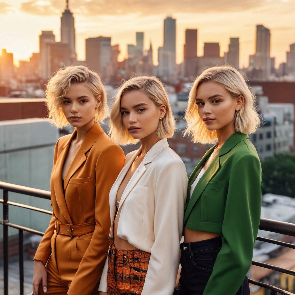 A dynamic scene featuring a diverse group of young blonde models showcasing unique fashion styles, effortlessly posing on a city rooftop during sunset. The skyline in the background enhances their vibrant energy, with soft light beautifully illuminating their features. Each model exhibits individuality through varied haircuts and accessories, embodying the new wave of fashion. Include lush greenery in the foreground for contrast. super-realistic. warm colors. cityscape background.