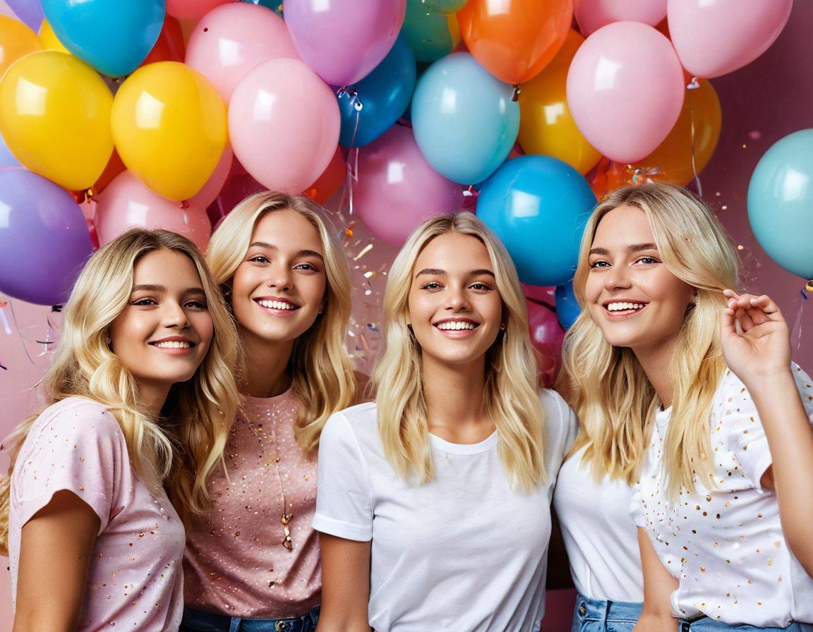 A vibrant scene showcasing a group of young blonde women celebrating their individuality and beauty, adorned in stylish casual outfits, surrounded by balloons and confetti, radiating joy and confidence. Capture the essence of youth with bright smiles and sparkling eyes, set against a dynamic backdrop of pastel colors and soft lights that enhance the festive atmosphere. Make it feel inclusive and empowering. super-realistic. vibrant colors. soft focus.